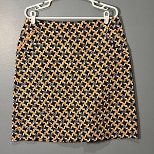 Talbots Skirt Womens 14 Orange Black Cotton Stretch Geometric Pencil Chic Office